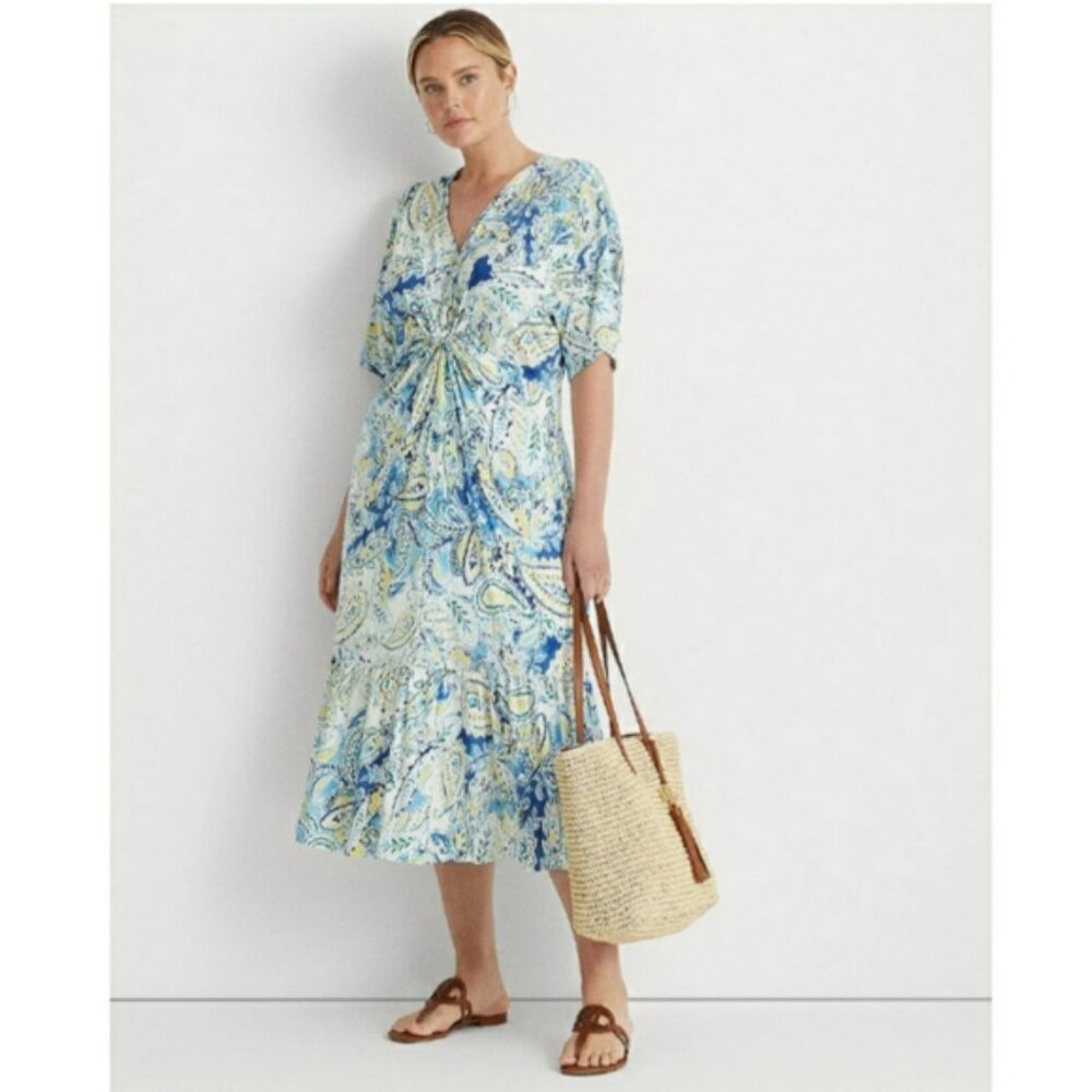 Like New! Lauren Ralph Lauren Linen Blend Paisley Print Dress Size Petite Large